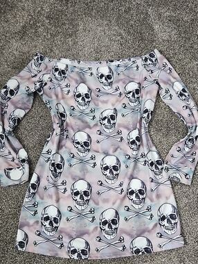 Skull & Crossbones Off-Shoulder Dress in Pastel Tie-Dye